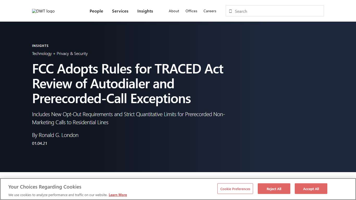 FCC Adopts Rules for TRACED Act Review of Autodialer and Prerecorded-Call Exceptions | Privacy & Security Law Insights | Davis Wright Tremaine