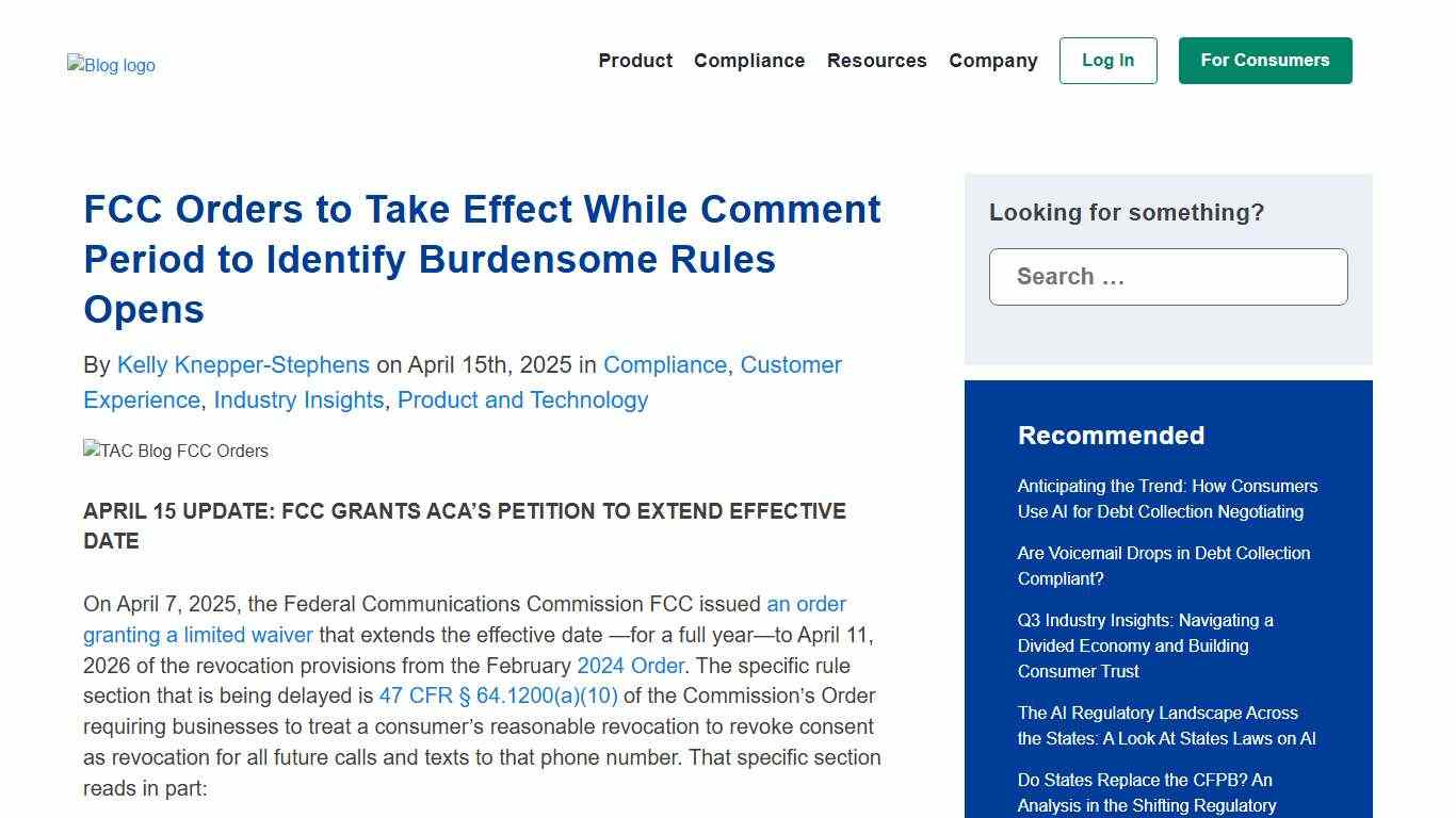 FCC Orders to Take Effect While Comment Period to Identify Burdensome Rules Opens  - TrueAccord Blog